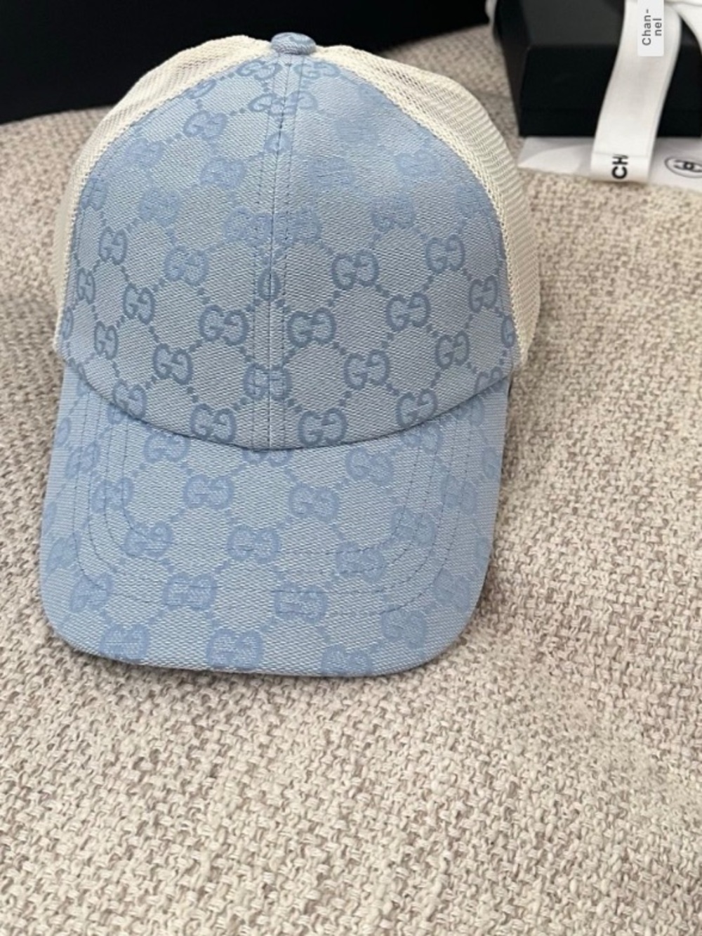 Double G Designer Light Blue Signature Logo Mesh Back Truckers Hat